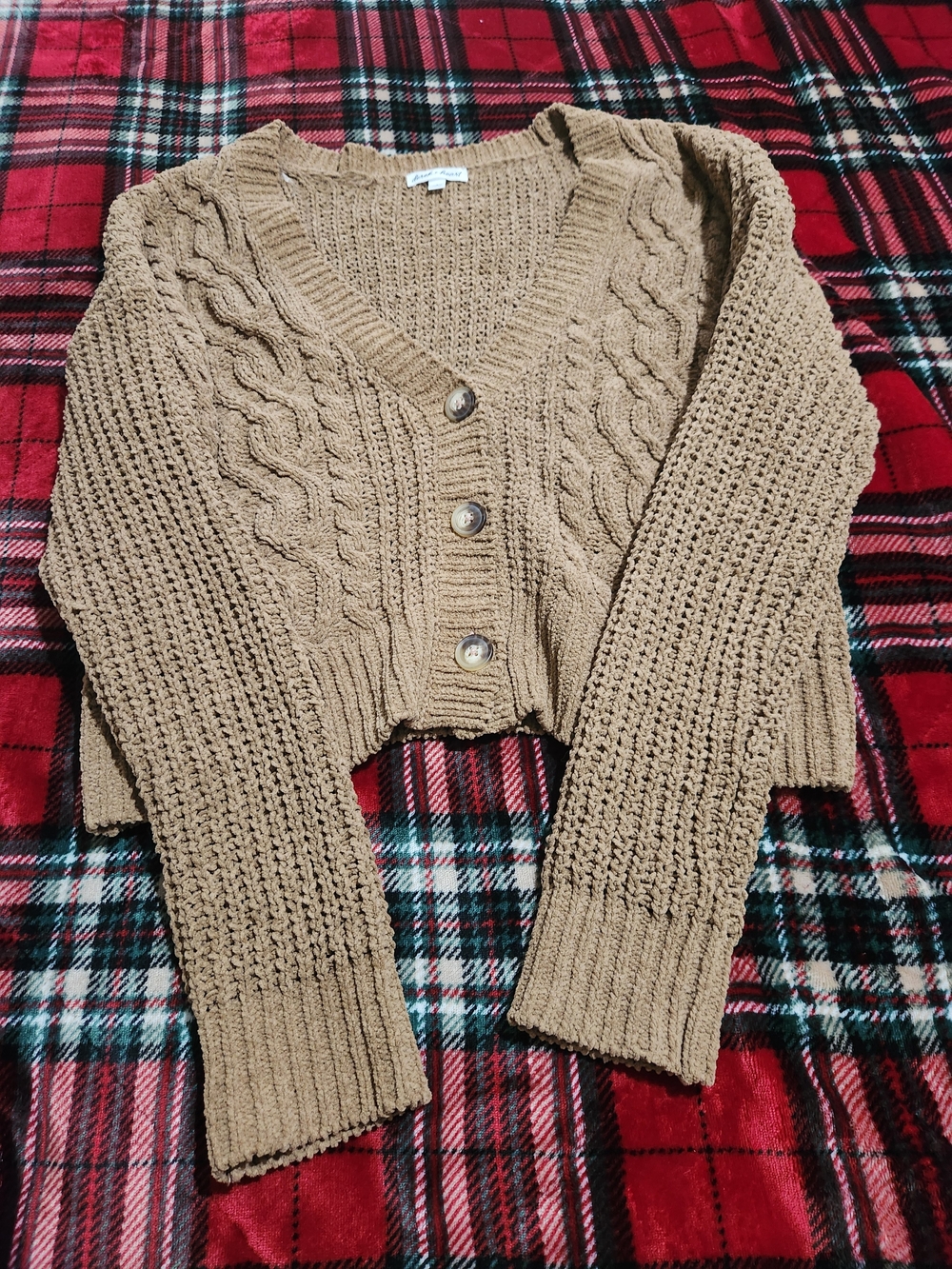 Derek Heart Tan Cable Knit Button-Up Cropped Sweater